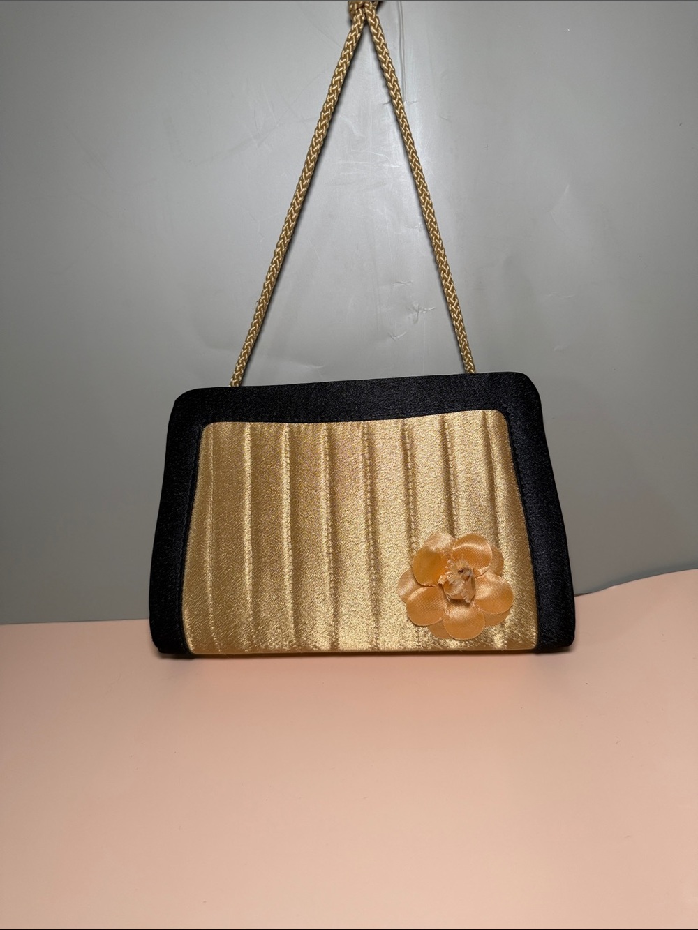 Gold and Black Satin Evening Clutch with Floral Accent